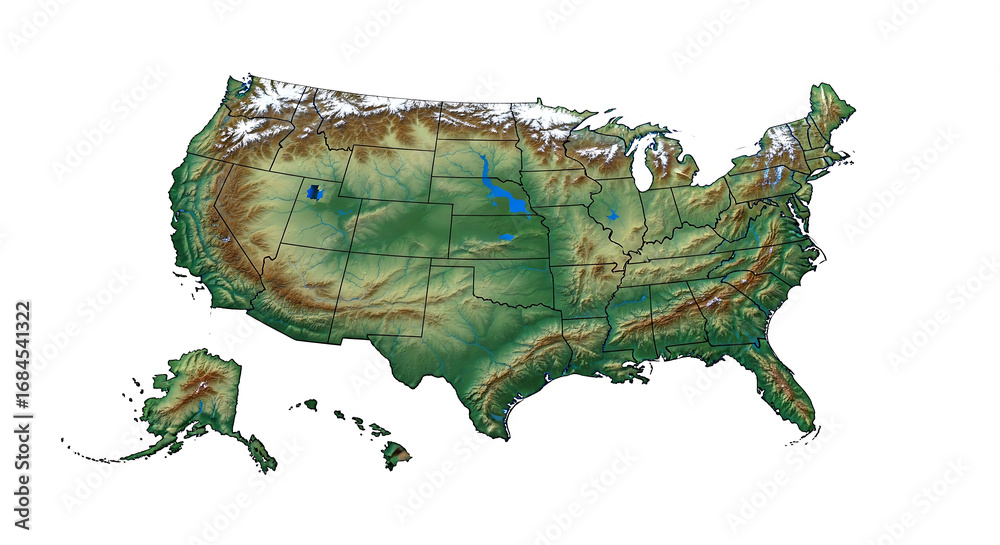 Topographic Map of the United States Showing Elevation and Water Bodies ...