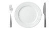 © shahpng - Title A white plate fork and knife set against a black background