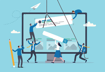 Website development, build homepage layout or html designer, SEO search engine optimization or site template creation concept, business people help carry web banner create website on computer screen