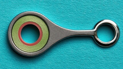 Close up of a metallic object with circular and elongated elements, featuring a textured surface and contrasting colors against a teal background.