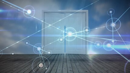 Wall Mural - Animation of network of connections over door opening over sky