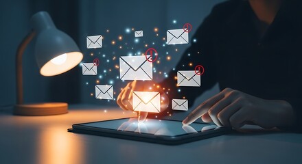 Digital communication stream of email icons emerging from smartphone screen