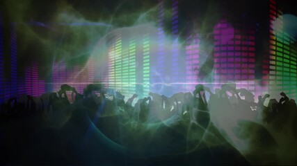 Wall Mural - animation of wave and glowing colourful lights over dancing people on dark background