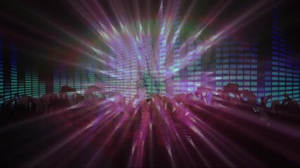 Wall Mural - animation of glowing colourful lights over dancing people on dark background