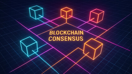 Blockchain Consensus Network Illustration: A vibrant digital art piece, the design visualizes blockchain consensus with interconnected nodes.