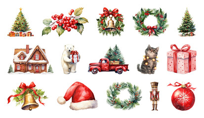 Wall Mural - png festive holiday watercolor illustrations, element set on transparent background