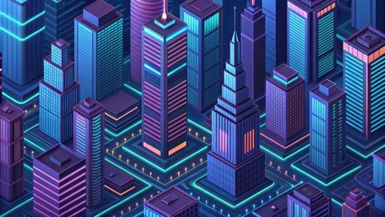 Colorful aerial view of a modern city skyline featuring tall buildings and intricate designs in a vibrant, geometric style.