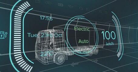 Wall Mural - animation of battery level over electric truck project on navy background