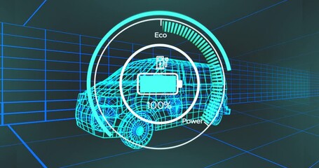 Wall Mural - animation of battery level over electric van project on navy background