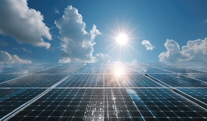Bright Solar Panels Under a Cloudy Blue Sky