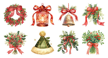 Wall Mural - png festive holiday decorations watercolor, element set on transparent background