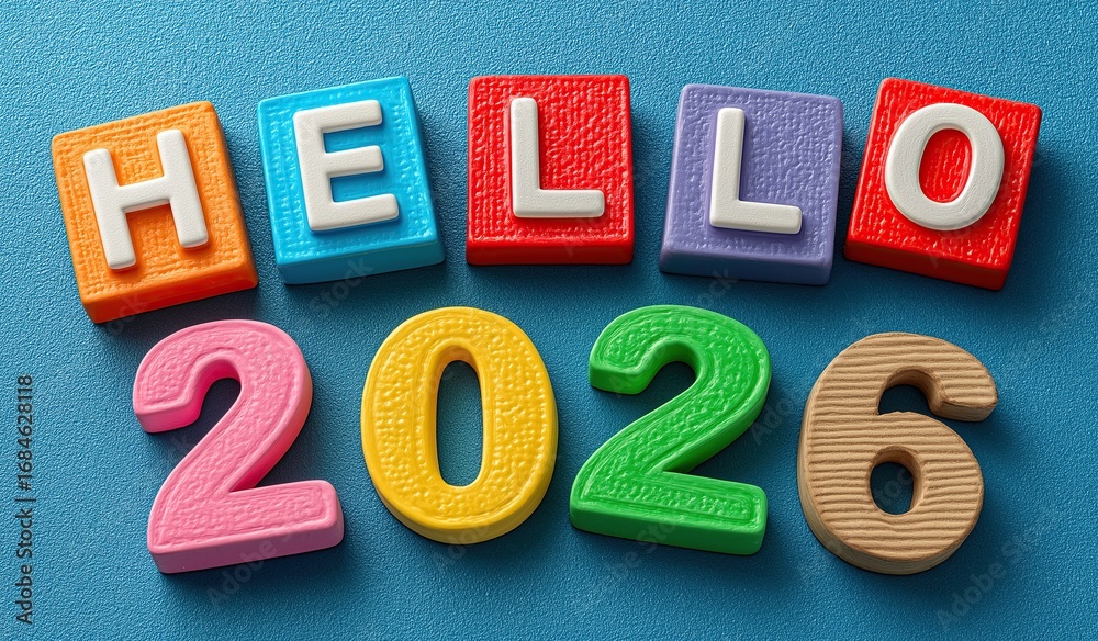 Hello 2026 Lettering Colorful plasticine block letters spelling hello 2026 on simple blue ...