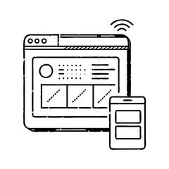 Hand drawn illustration of a website interface on a computer screen and a mobile phone icon