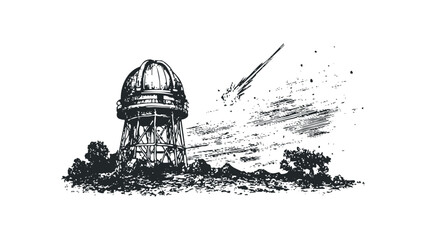 Wall Mural - Observatory Dome Structure Under a Streaking Meteor in a Grassy Landscape. Vector hand drawn illustration