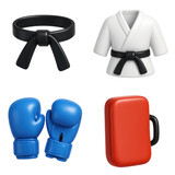 3D Plastic Icon Style Karate Uniform Black Belt and Blue Boxing Gloves Isolated on Transparent Background