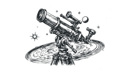 Wall Mural - Old telescope observing celestial body and stars. Vector hand drawn illustration