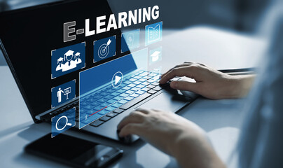Wall Mural - person who attends online lessons on a digital screen.e-learning education, internet lessons and onl