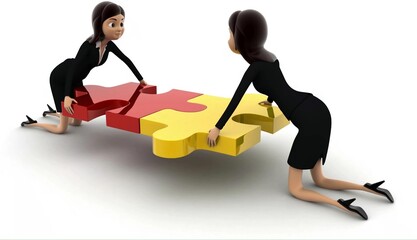Wall Mural - 3d two women connect two puzzle pieces concept