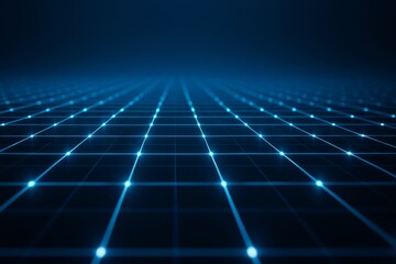Wall Mural - abstract futuristic glowing blue grid background with perspective depth on dark surface, representin