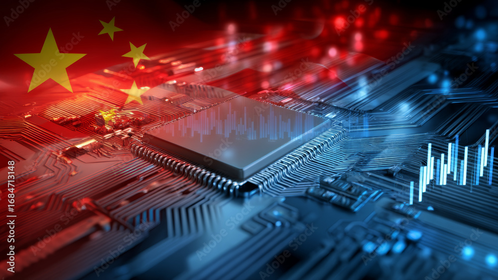 Glowing ai chip on circuit board with stock market data and red flag ...