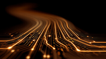 Digital ai chip with glowing circuit lines and binary code representing technology and stock market data flow