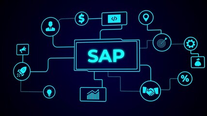 SAP System Software Automation concept on virtual screen data center. business insights from large data sets, Animated data analytics banner web icons. Motion graphics of SAP concept.