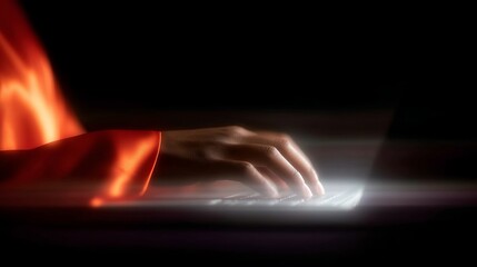 Wall Mural - A mesmerizing hand working on a laptop illuminated by soft light. The flowing orange fabric adds elegance. Perfect for tech and creative use. Capture inspiration in motion. AI