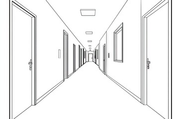 Perspective view of a long corridor with doors and windows.