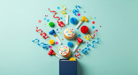 Colorful party elements, cupcakes, ribbons, confetti, and party blowers, exploding from a gift box on a teal background, showcasing festive celebration and joy