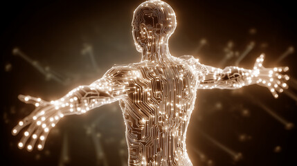 Futuristic digital human figure with glowing circuits and extended arms representing technology, connectivity, and artificial intelligence
