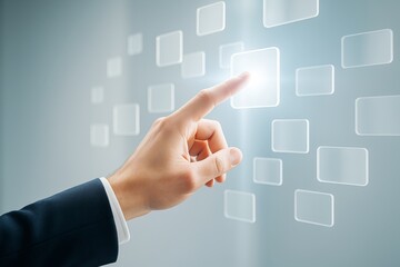 Businessman hand touching glowing digital interface button on futuristic screen with light technology background in creative concept style.