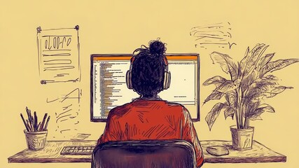 Programmer working from home office using computer and headphones