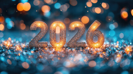 Wall Mural - golden shiny happy new year 2026 lettering animation with sparkling effects, festive christmas celeb