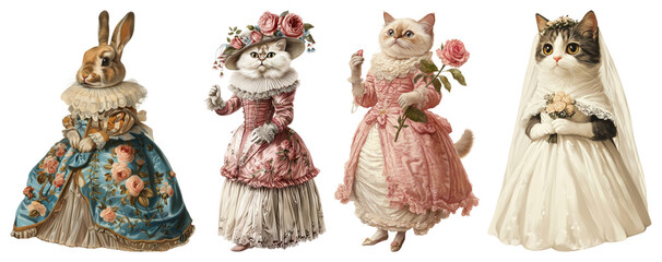 Wall Mural - PNG Victorian animals in elegant attire, element set on transparent background
