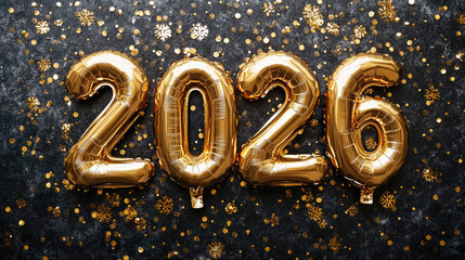 Wall Mural - golden foil balloons shaped as numbers 2026 on a festive bright background with bokeh lights, symbol