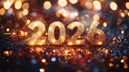 Wall Mural - golden shiny happy new year 2026 lettering animation with sparkling effects, festive christmas celeb