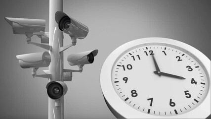 Wall Mural - animation of security camera and clock on grey background