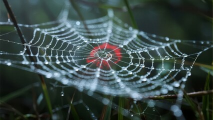 Dew-Drenched Spider Web in Forest Setting