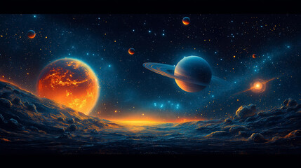 Wall Mural - A graphic illustration of the solar system: Earth, Moon, and Sun in space, with stars and a galaxy background.