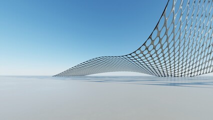 Abstract wired curved architecture background, Empty space with concrete floor, Futuristic modern exterior backdrop, 3d rendering of car presentation building