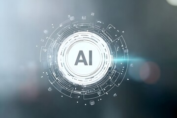 Wall Mural - Abstract futuristic technology background with AI text and a white circle on a light blue-grey color gradient background