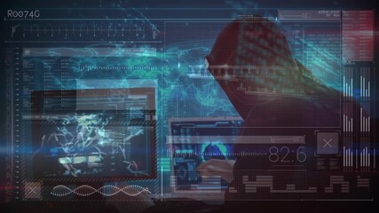 Wall Mural - animation of data processing over caucasian male computer hacker in balaclava using laptop