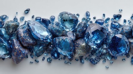 Blue gemstones scattered on a light background