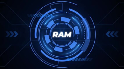 High-tech circular display with blue neon accents and RAM text random access memory technology