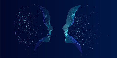 Artificial Intelligence, abstract artistic human head portrait made of dotted particles array, vector software digital visual interface. Digital soul, spirit of technological time.