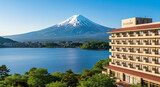A view of mount fuji in between of Yamadaya hotel and in Lake Shoji locate at Kawaguchiko, Japan
