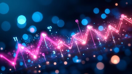 Dynamic financial chart with pink lines and data points on a soft blue bokeh background.