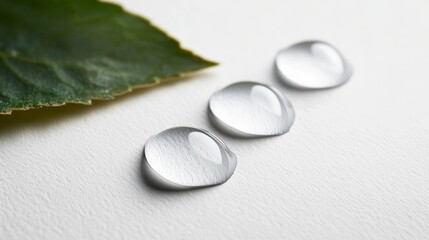 Wall Mural - Three Translucent Droplets Adhering to a Pristine Bright Surface Next to a Green Leaf Underside