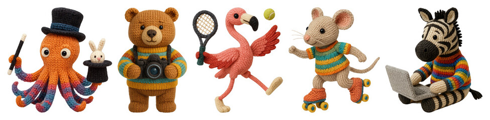 Wall Mural - PNG Colorful knitted animal toys, element set on transparent background