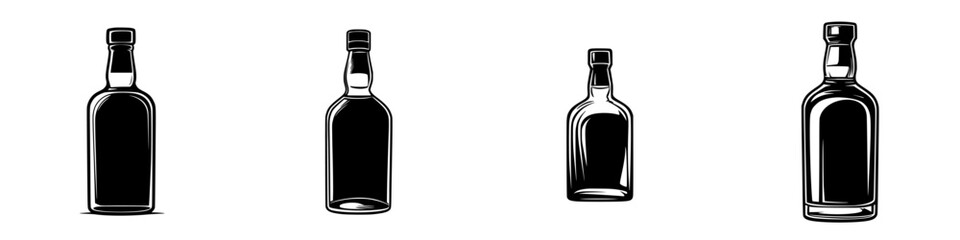 Wall Mural - Vector illustration of four minimalist black-and-white bottle silhouettes on a plain background